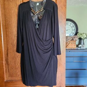 VENUS Black Ruched Wrap Dress Long Sleeve Small